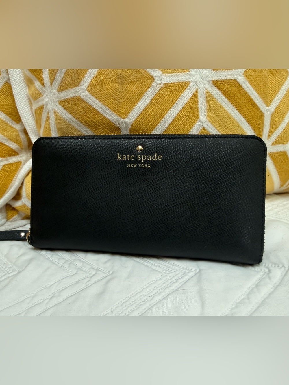 Kate Spade Black Saffiano Zip-Around Wristlet Wallet with Gold Logo
